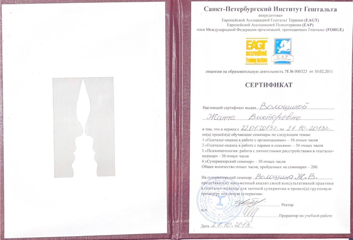 Сертификат СПИГ об обучении Жанны Волошиной, 200 часов, 2013 год