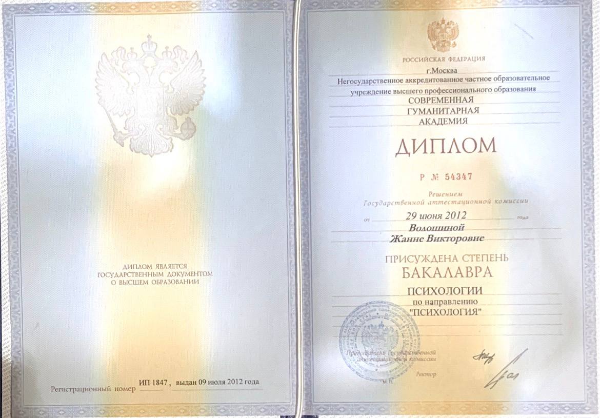 Диплом бакалавра психологии Жанны Волошиной, Современная гуманитарная академия, 2012 год